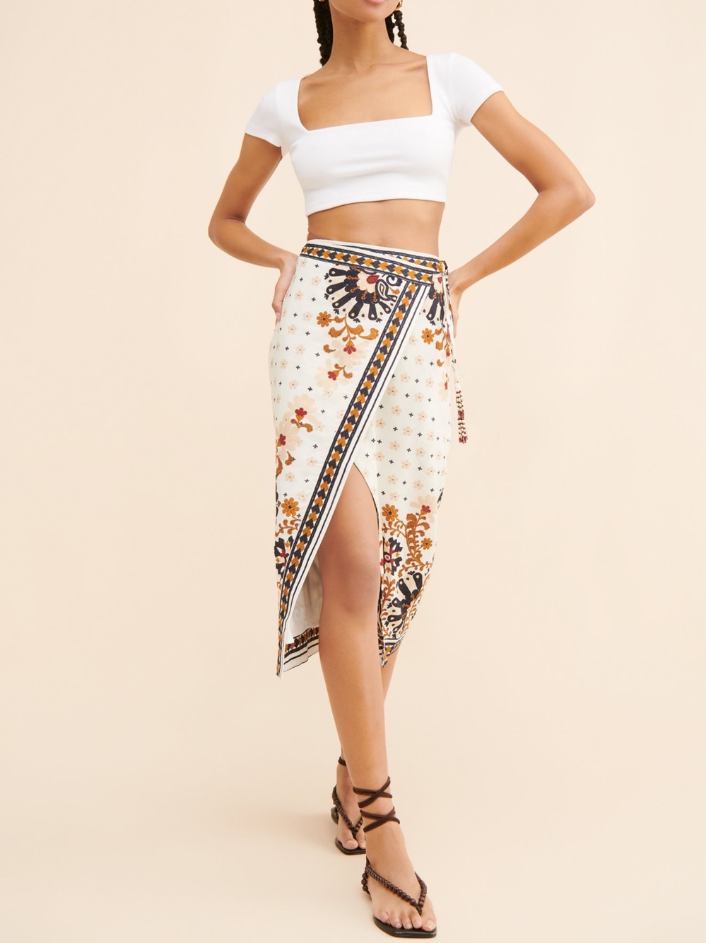 FARM Rio Flower Fan Tapestry Linen Blend Wrap Skirt Size M